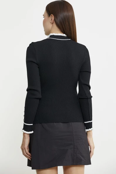 Kolu Düğme Detaylı Dik Yaka Triko Kazak - Siyah - Resim 5