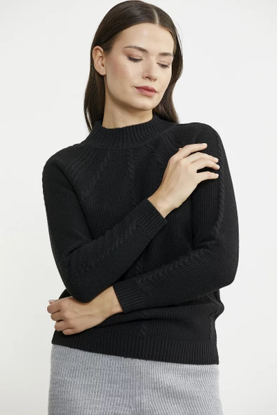 Yünlü Motif Detaylı Dik Yaka Triko Kazak - Siyah - Resim 4