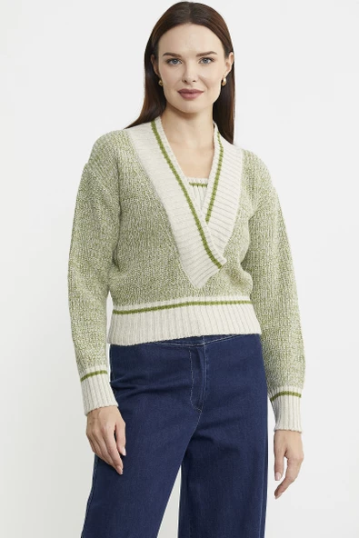 Derin V Bantlı Yünlü Triko Kazak - Bej - Resim 3