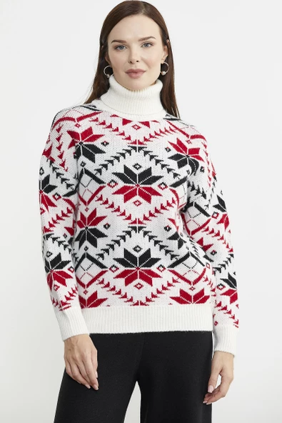 Tam Balıkçı Desenli Triko Kazak - Kemik - Resim 2