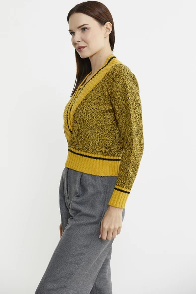 Derin V Bantlı Yünlü Triko Kazak - Güneş - 4