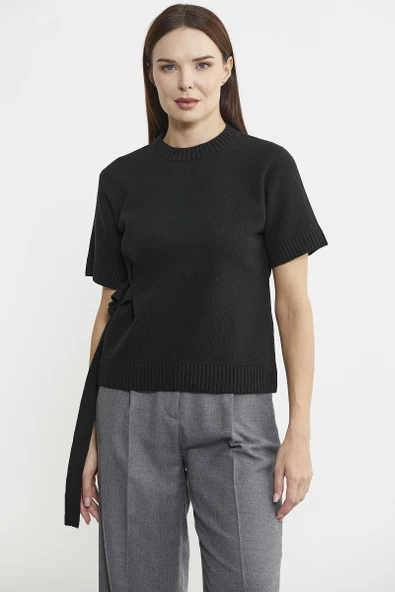 Kuşaklı Kısa Kol Yünlü Triko Kazak - Siyah - Resim 2