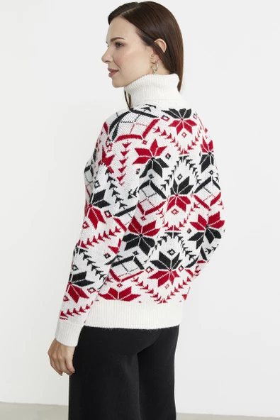 Tam Balıkçı Desenli Triko Kazak - Kemik - Resim 6