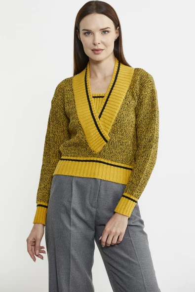 Derin V Bantlı Yünlü Triko Kazak - Güneş
