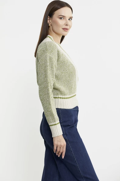 Derin V Bantlı Yünlü Triko Kazak - Bej - Resim 4