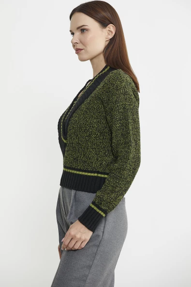 Derin V Bantlı Yünlü Triko Kazak - Siyah - 4