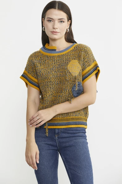 Çift Renk Kısa Kol Yün Triko Kazak - Güneş - 3