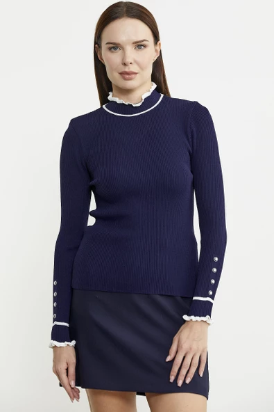 Kolu Düğme Detaylı Dik Yaka Triko Kazak - Lacivert ürün görseli