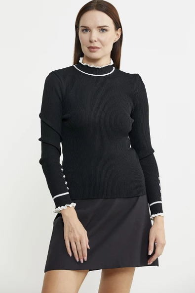 Kolu Düğme Detaylı Dik Yaka Triko Kazak - Siyah ürün görseli