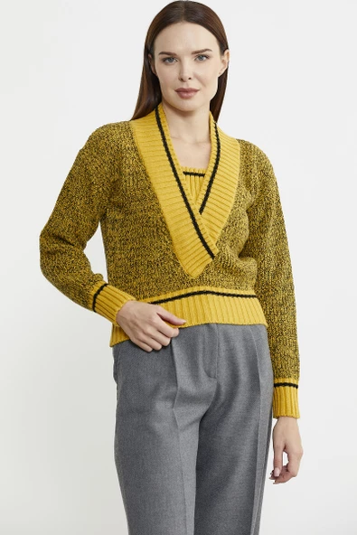 Derin V Bantlı Yünlü Triko Kazak - Güneş - 2