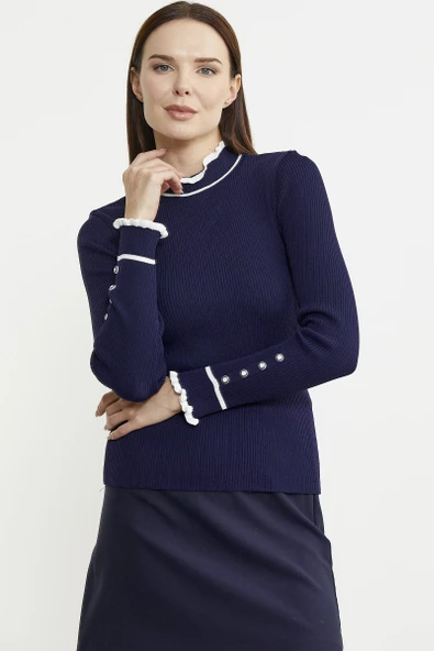 Kolu Düğme Detaylı Dik Yaka Triko Kazak - Lacivert - Resim 3