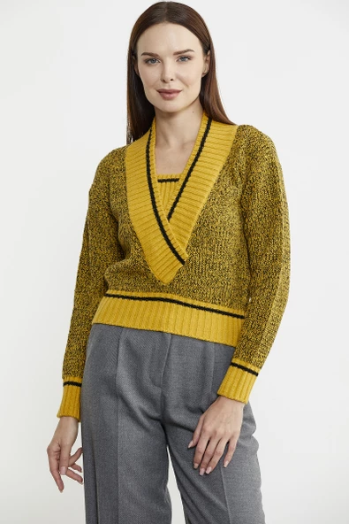 Derin V Bantlı Yünlü Triko Kazak - Güneş - 3