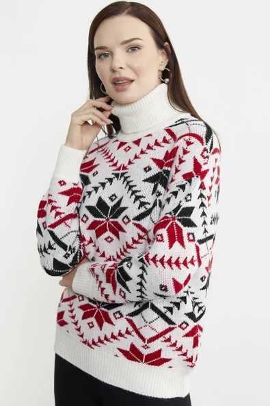 Tam Balıkçı Desenli Triko Kazak - Kemik - Resim 3