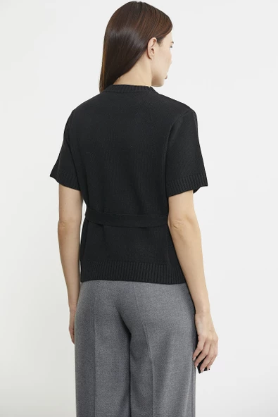 Kuşaklı Kısa Kol Yünlü Triko Kazak - Siyah - Resim 6
