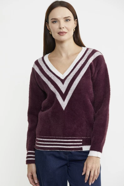 V Yaka Renk Kombinli Triko Kazak - Bordo ürün görseli 1