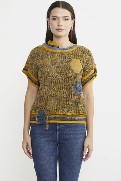 Çift Renk Kısa Kol Yün Triko Kazak - Güneş