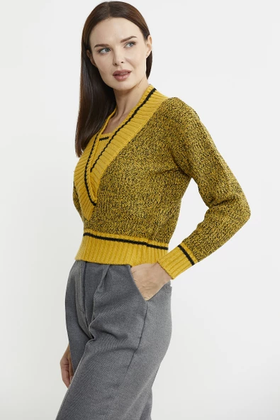Derin V Bantlı Yünlü Triko Kazak - Güneş - 5