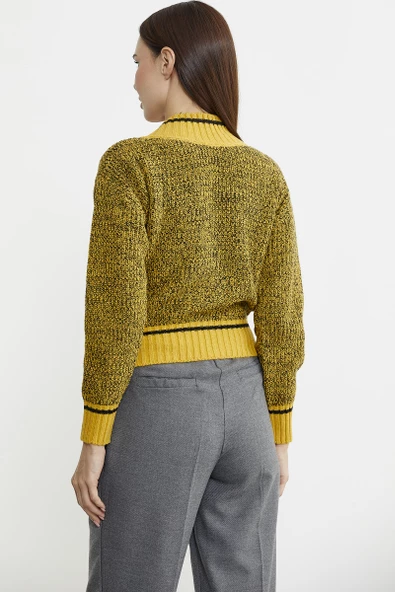 Derin V Bantlı Yünlü Triko Kazak - Güneş - 6