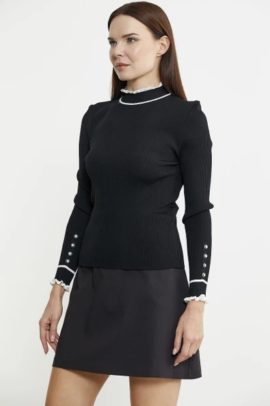 Kolu Düğme Detaylı Dik Yaka Triko Kazak - Siyah - Resim 4
