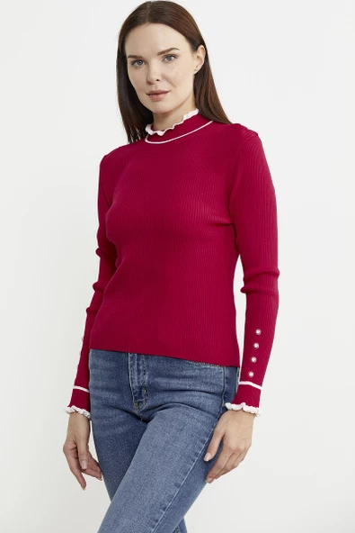 Kolu Düğme Detaylı Dik Yaka Triko Kazak - Kırmızı - Resim 3