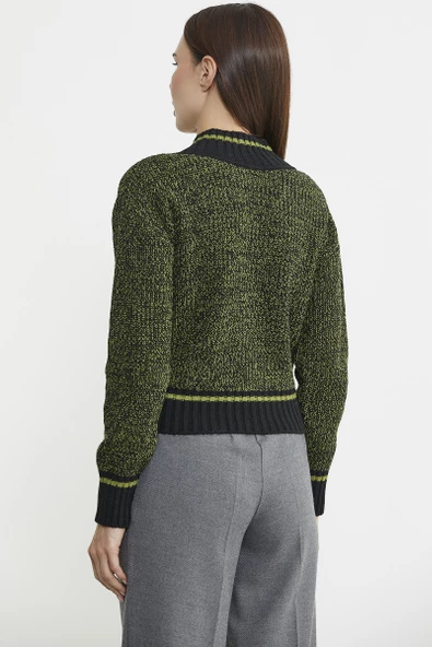 Derin V Bantlı Yünlü Triko Kazak - Siyah - 5