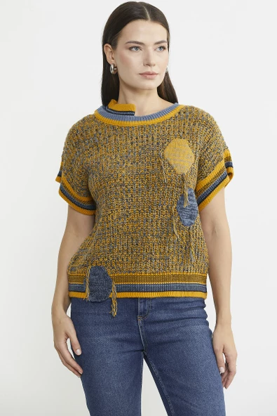 Çift Renk Kısa Kol Yün Triko Kazak - Güneş - 2