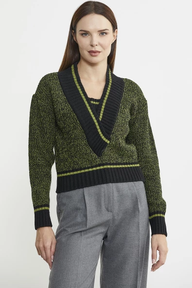 Derin V Bantlı Yünlü Triko Kazak - Siyah - 2