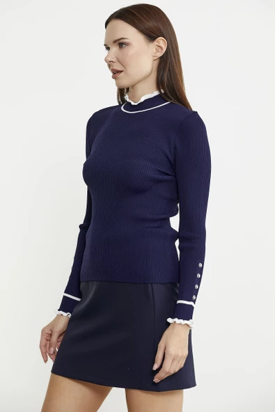 Kolu Düğme Detaylı Dik Yaka Triko Kazak - Lacivert - Resim 4