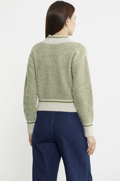 Derin V Bantlı Yünlü Triko Kazak - Bej - Resim 5