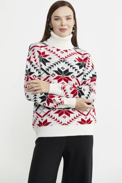 Tam Balıkçı Desenli Triko Kazak - Kemik ürün görseli 1