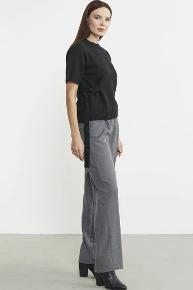 Kuşaklı Kısa Kol Yünlü Triko Kazak - Siyah - Resim 5