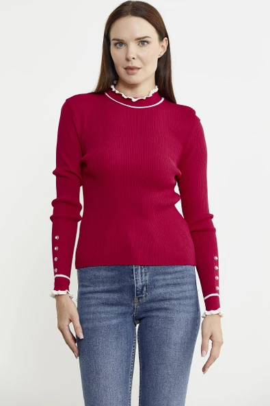 Kolu Düğme Detaylı Dik Yaka Triko Kazak - Kırmızı - Resim 2