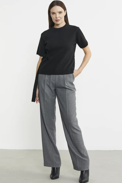 Kuşaklı Kısa Kol Yünlü Triko Kazak - Siyah - Resim 3