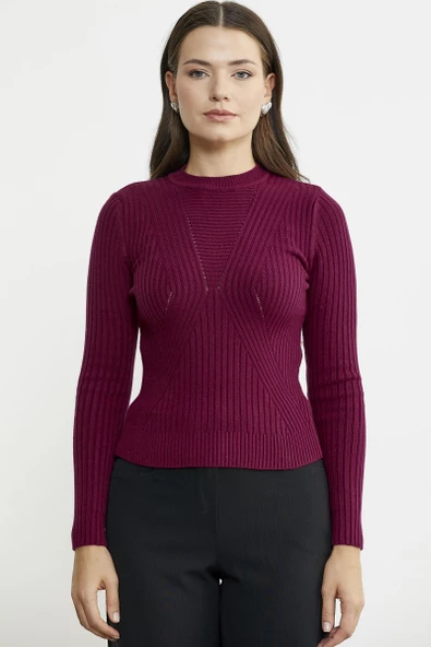 Derbili Sıfır Yaka Triko Kazak - Bordo