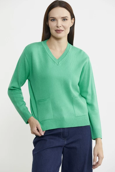 Cep Detaylı V Yaka Triko Kazak - Yeşil