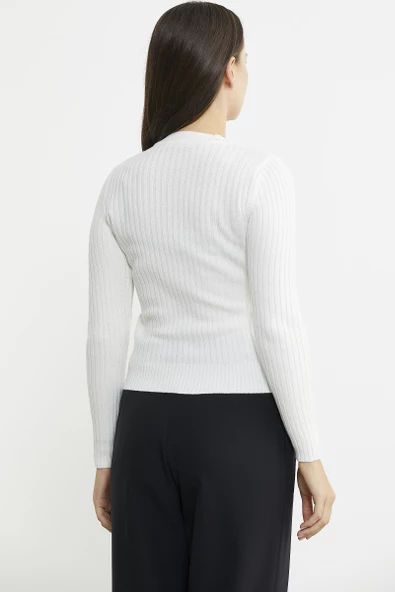 Derbili Sıfır Yaka Triko Kazak - Kemik - 5