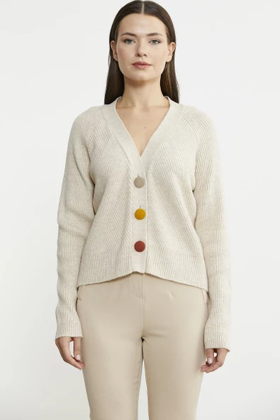 Renkli Düğmeli Triko Hırka - Açık Bej ürün görseli