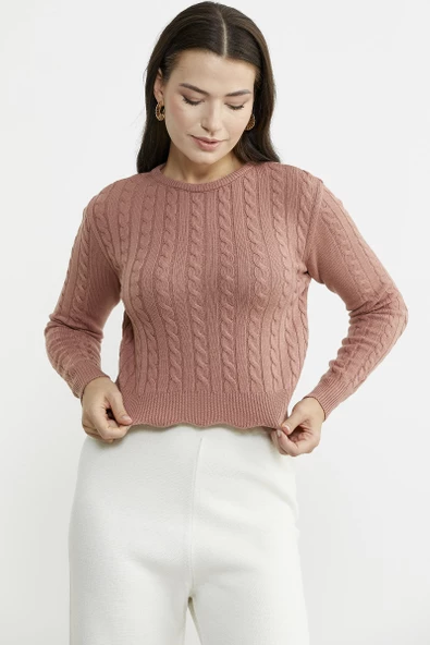 Saç Örgü Dilimli Crop Triko Kazak - Gül - Resim 5