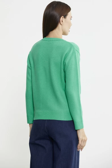 Cep Detaylı V Yaka Triko Kazak - Yeşil - 5