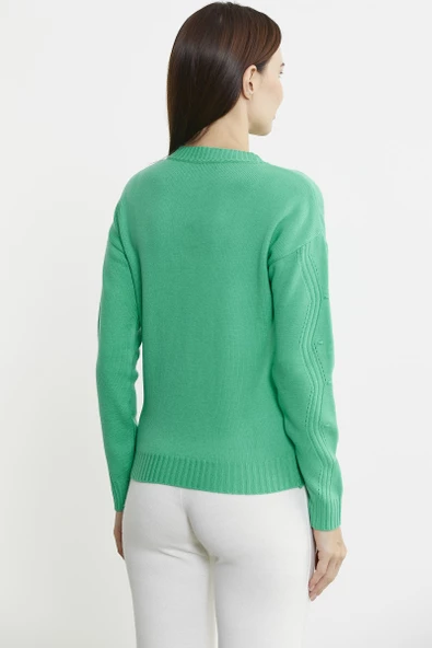 Sıfır Yaka Motifli Triko Kazak - Yeşil - Resim 5