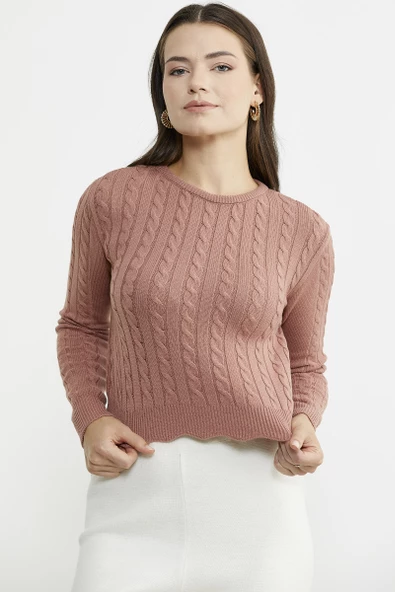 Saç Örgü Dilimli Crop Triko Kazak - Gül - Resim 4