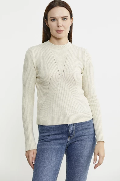 Derbili Sıfır Yaka Triko Kazak - Taş