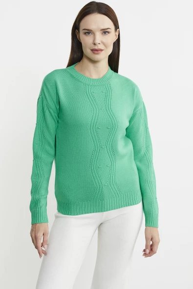 Sıfır Yaka Motifli Triko Kazak - Yeşil - Resim 2