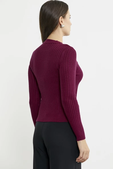 Derbili Sıfır Yaka Triko Kazak - Bordo - 5