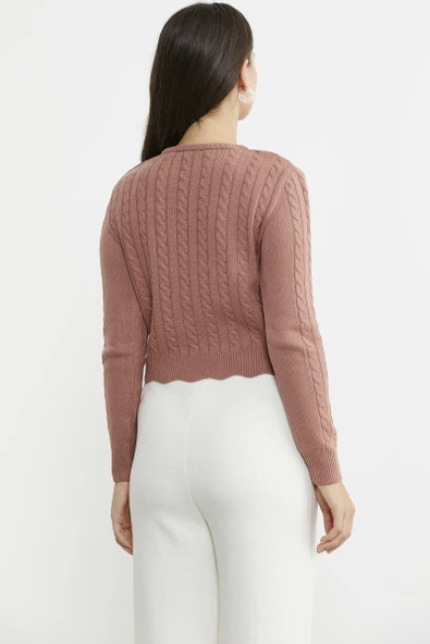 Saç Örgü Dilimli Crop Triko Kazak - Gül - Resim 6