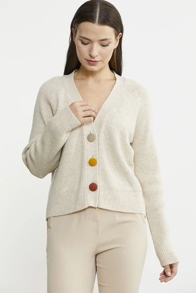 Renkli Düğmeli Triko Hırka - Açık Bej - Resim 4