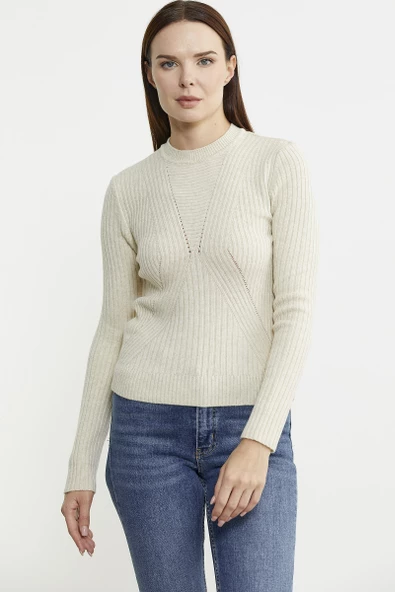 Derbili Sıfır Yaka Triko Kazak - Taş - 2