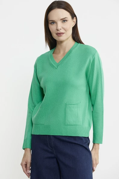 Cep Detaylı V Yaka Triko Kazak - Yeşil - 2