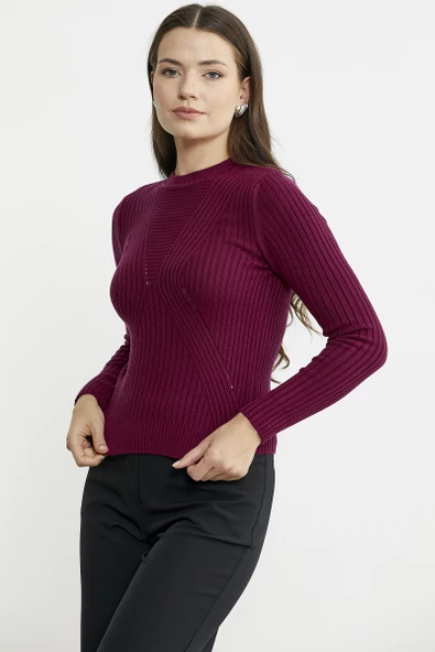 Derbili Sıfır Yaka Triko Kazak - Bordo - 3