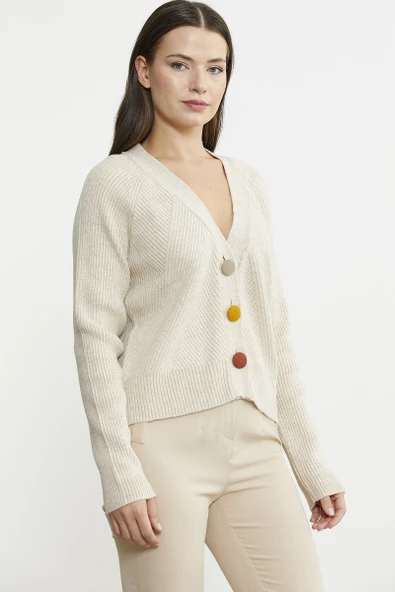 Renkli Düğmeli Triko Hırka - Açık Bej - Resim 5